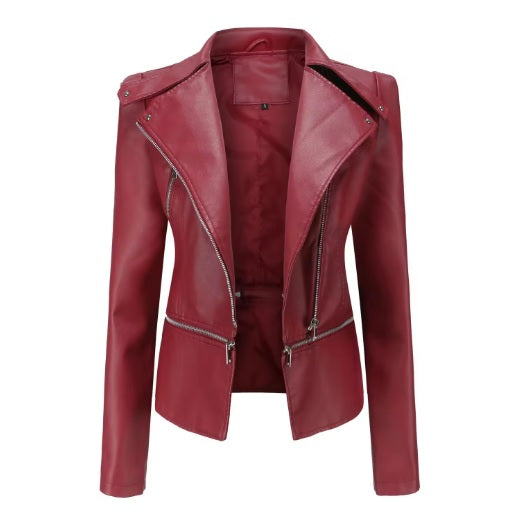 Women's genuine soft leather quilted jacket front view – V-neck zipper closure