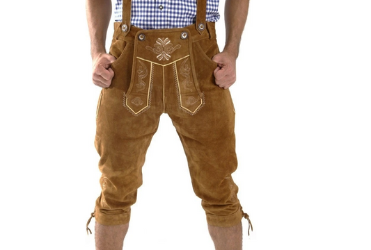 Men's leather lederhosen in tan – front view