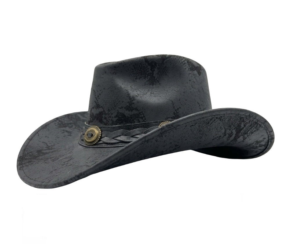 Men's black distressed leather cowboy hat with braided hatband and one bronze concho – side profile view showing wide brim