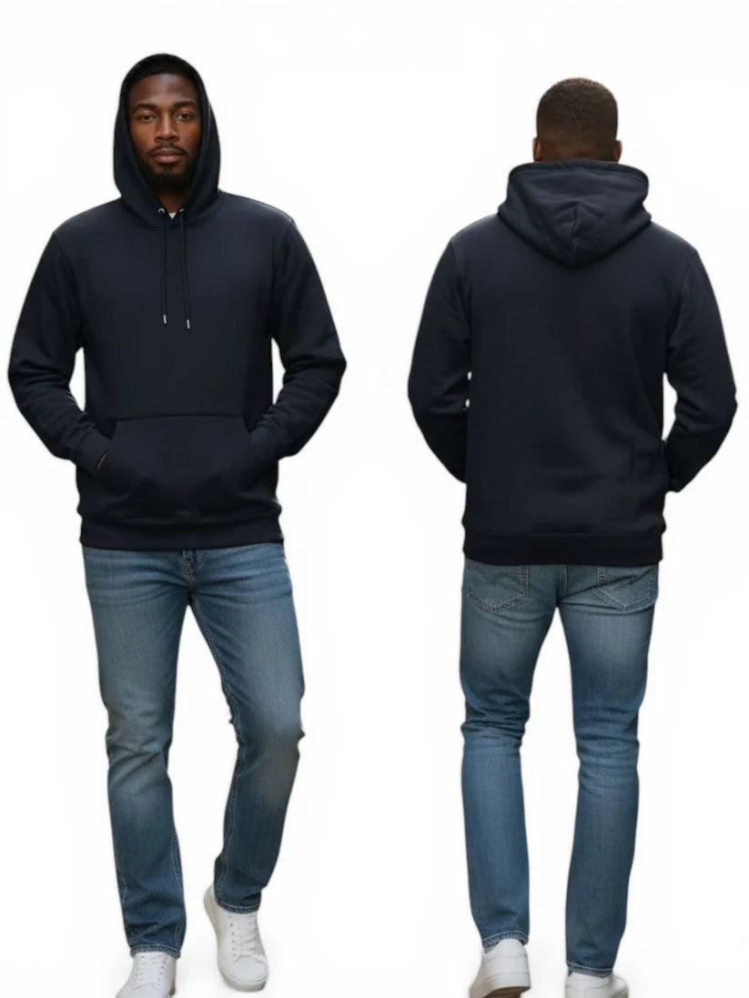 A man modeling a dark navy blue hoodie from both the front and back views, paired with blue jeans and white sneakers against a plain white background.