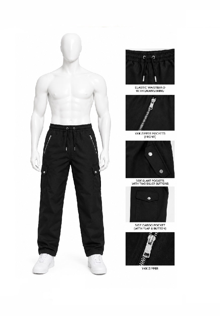 Black drawstring pants shown on a white mannequin, with four inset detail views on the right highlighting elastic waistband, zippered pocket, button detail, and zip pocket.