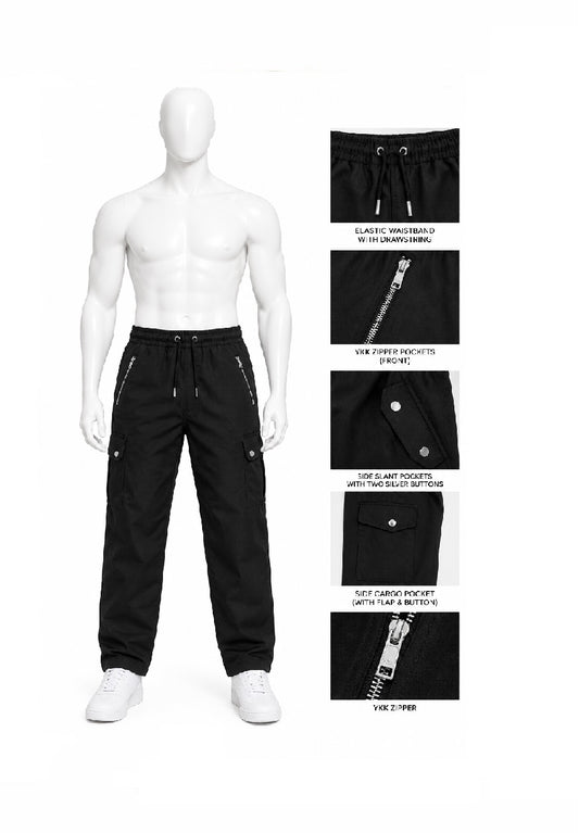 Black drawstring pants shown on a white mannequin, with four inset detail views on the right highlighting elastic waistband, zippered pocket, button detail, and zip pocket.