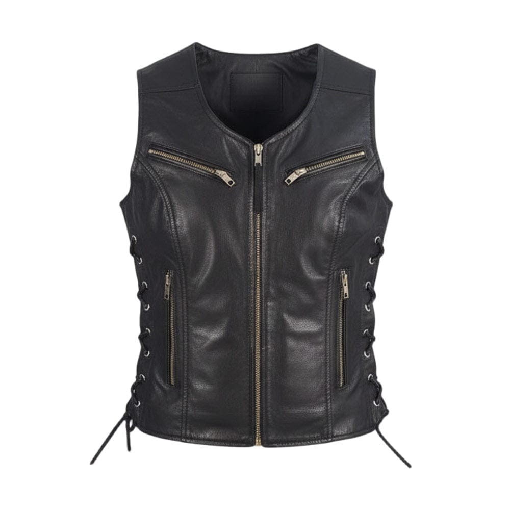 Women's genuine goatskin black leather motorcycle vest front view with zipper and lace sides – Like Leather