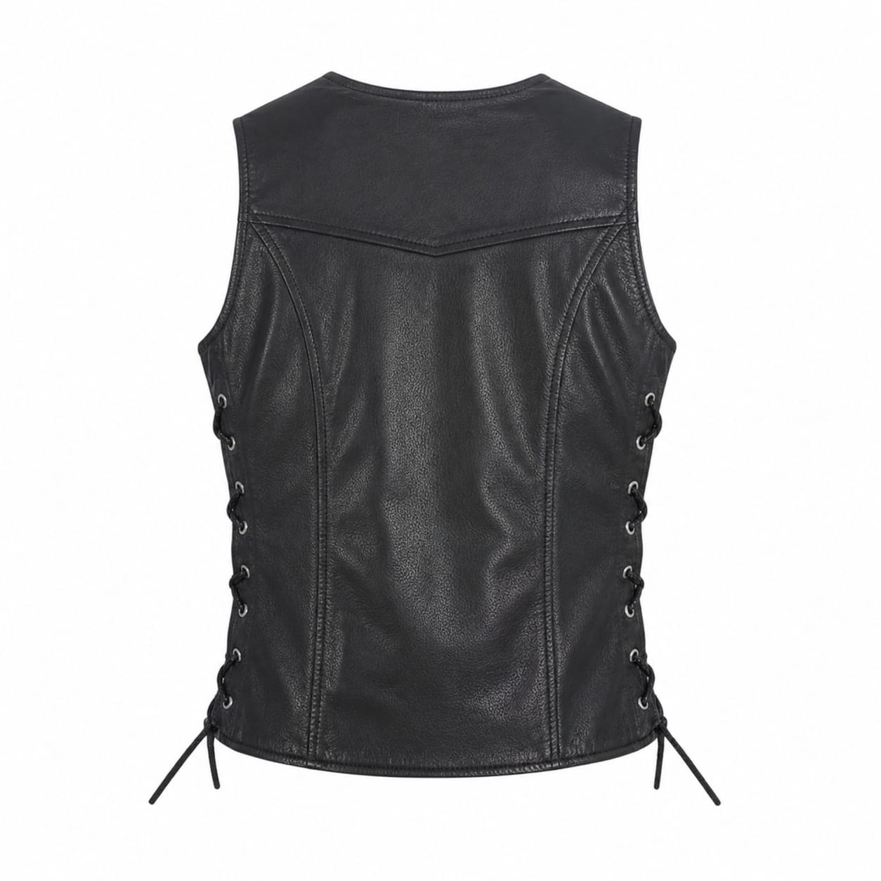Women's black genuine leather biker vest back view with leather lace side adjustments – Like Leather