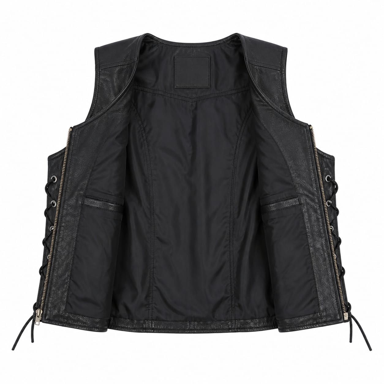 Women's leather motorcycle vest interior view showing quilted polyester lining and inside pockets – Like Leather