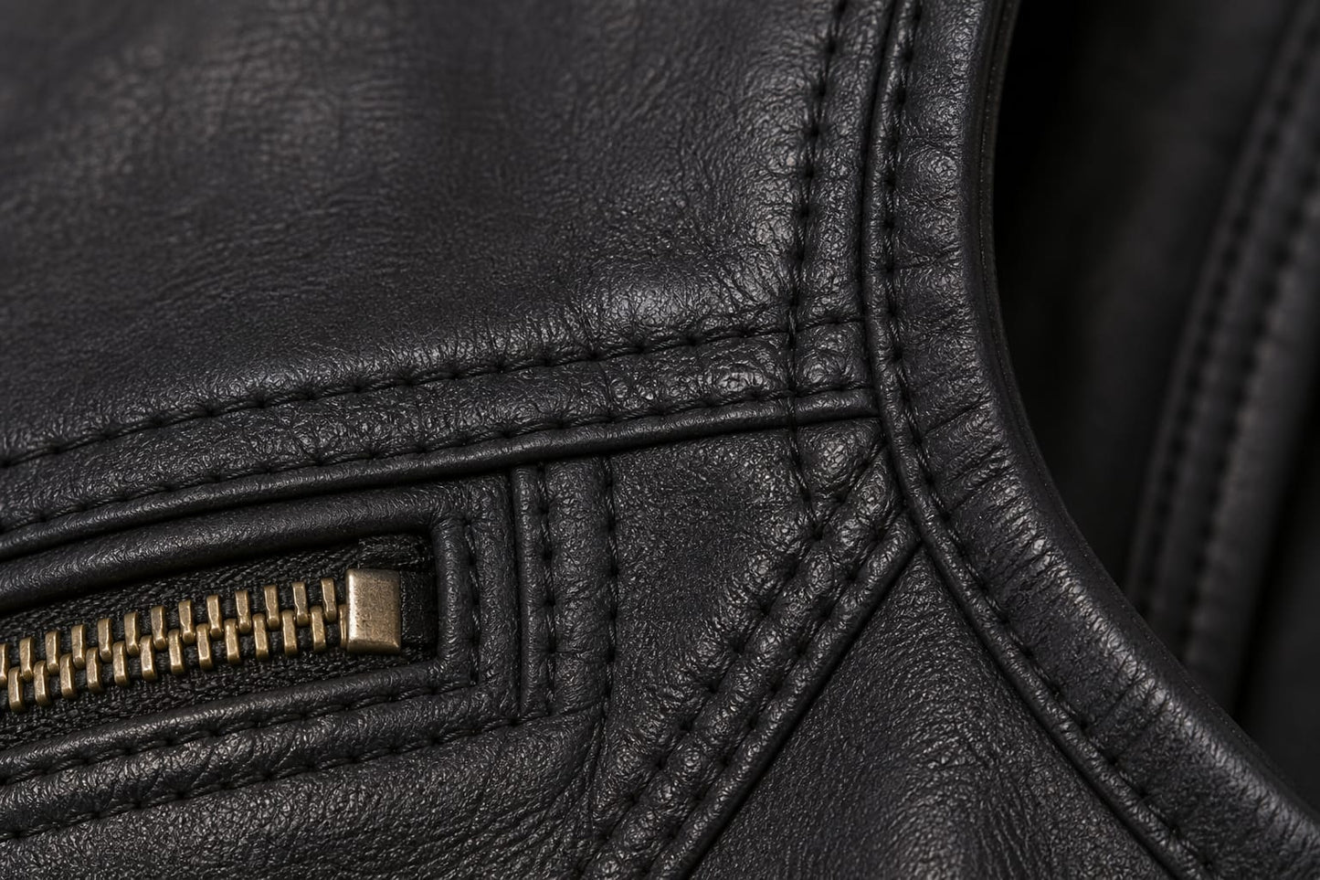 Close-up of genuine goatskin leather texture and gold zipper detail on women's motorcycle vest – Like Leather