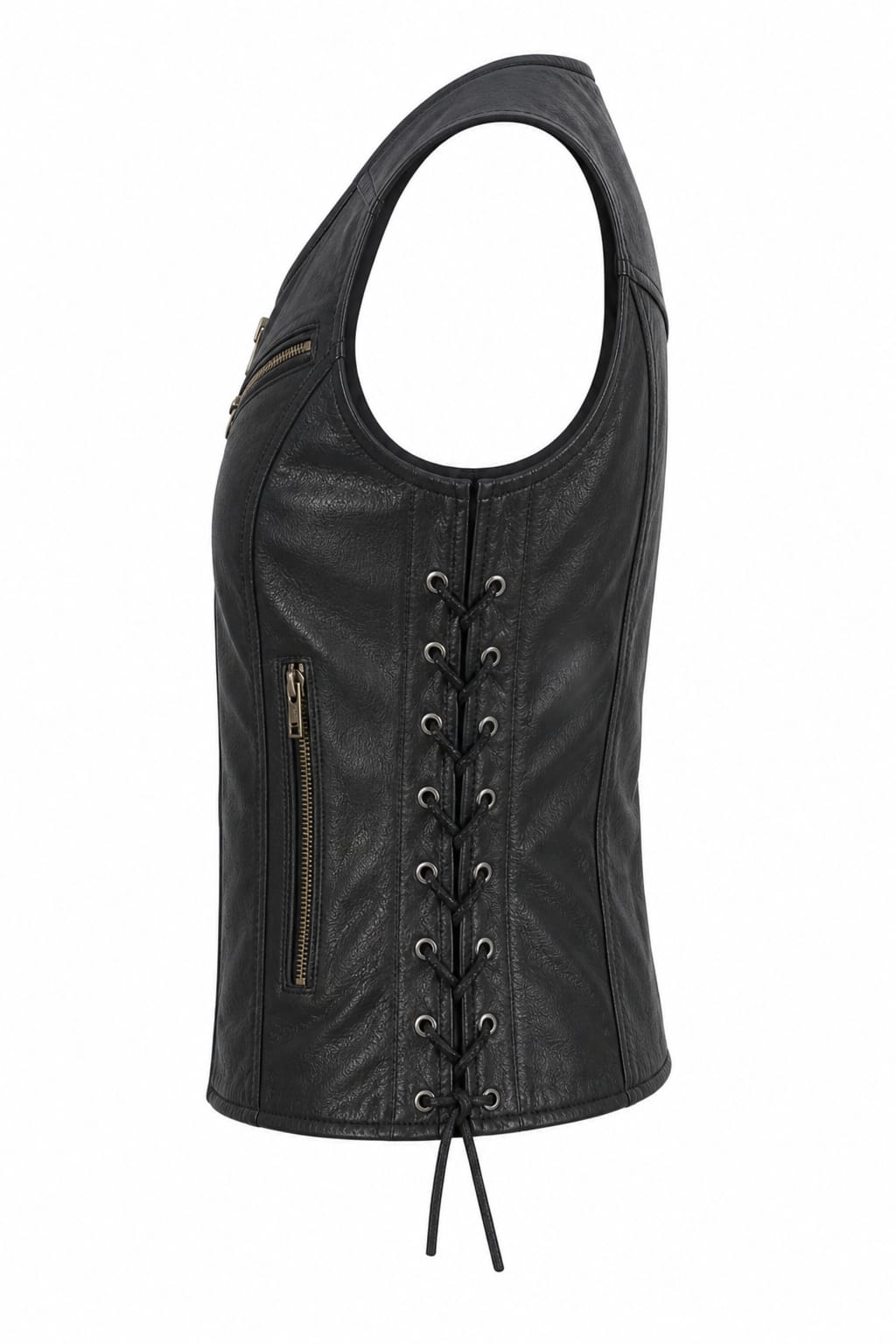 Women's black leather biker vest side view showing leather lace waist adjustment – Like Leather