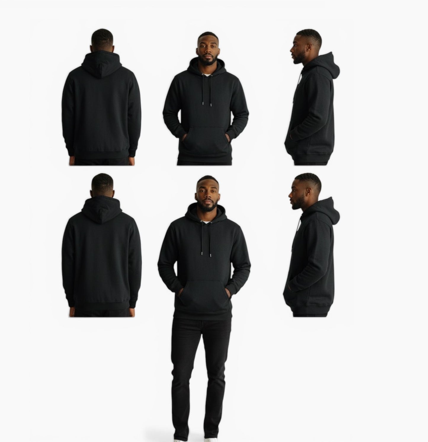 A model shown from multiple angles wearing a plain black pullover hoodie and black pants against a light gray studio background.