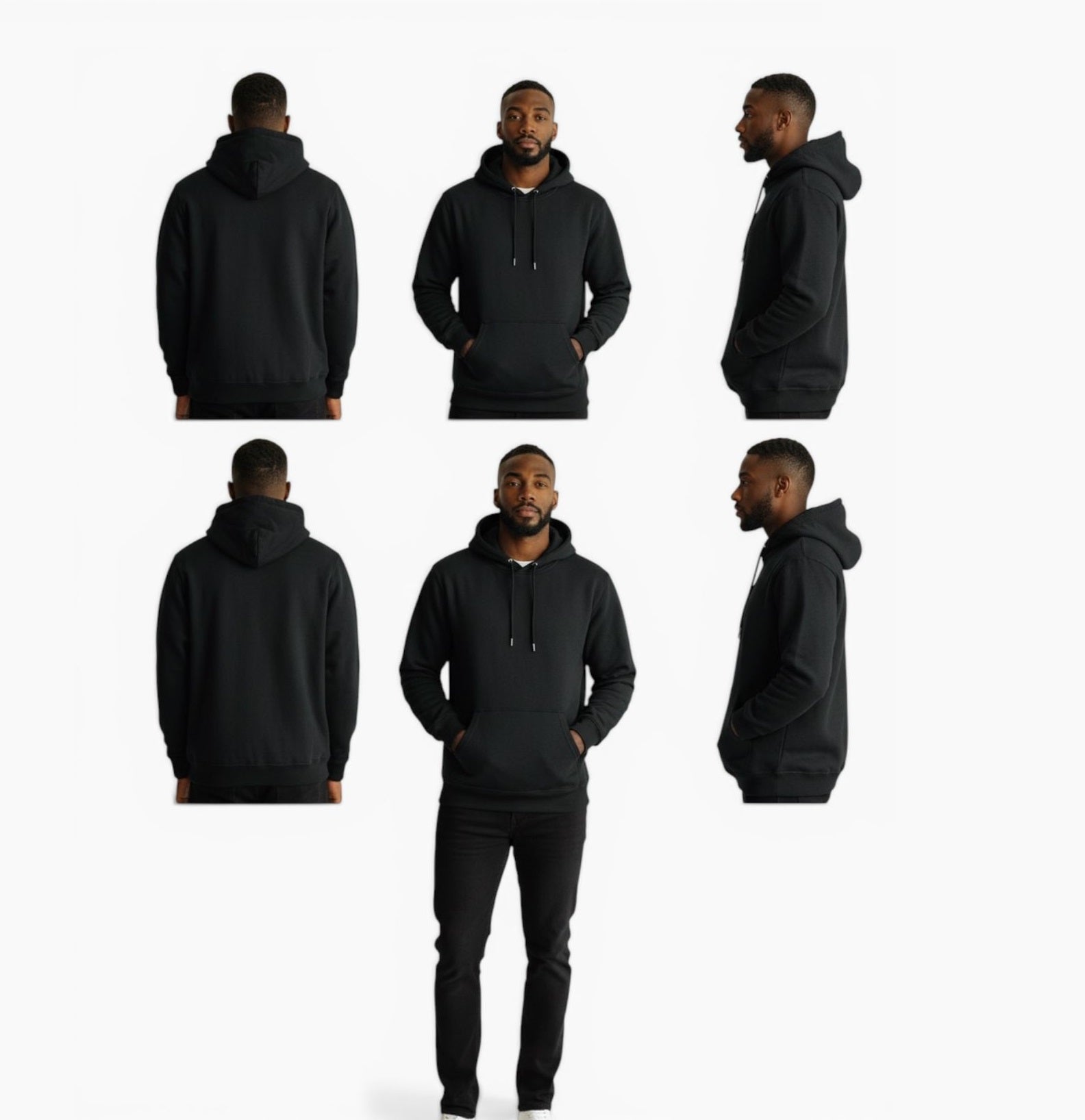 A model shown from multiple angles wearing a plain black pullover hoodie and black pants against a light gray studio background.