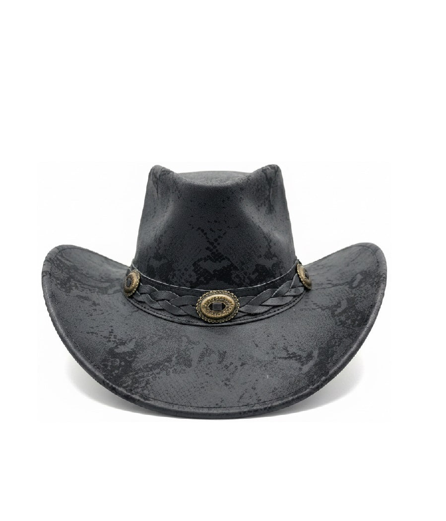 Men's black distressed leather cowboy hat – bottom interior view showing Like Leather branded label and size tag
