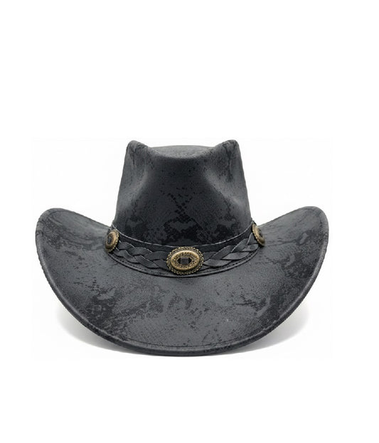 Men's black distressed leather cowboy hat – bottom interior view showing Like Leather branded label and size tag