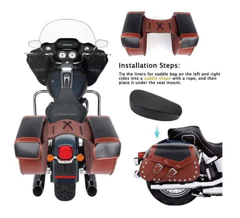 Motorcycle with saddle bags and installation steps displayed on a white background