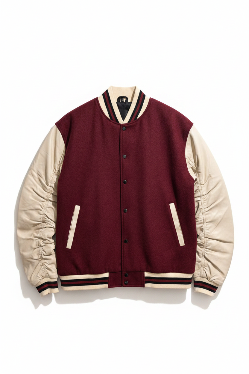A varsity-style bomber jacket with a deep burgundy body and light beige sleeves, ribbed collar, cuffs, and hem, featuring vertical zip pockets on the front.