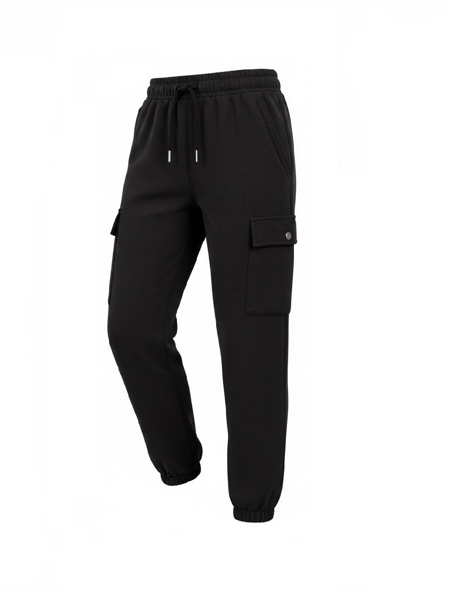 Black cargo jogger pants with an elastic drawstring waist, side cargo pockets, and elastic cuffs, shown on a plain white background.