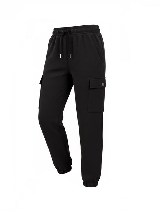 Black cargo jogger pants with an elastic drawstring waist, side cargo pockets, and elastic cuffs, shown on a plain white background.