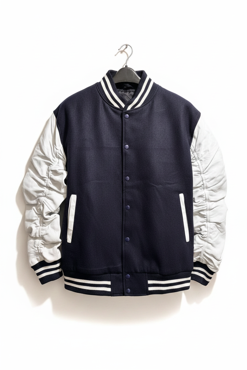 A varsity-style jacket with a dark navy blue body and contrasting white sleeves, hanging on a black hanger against a plain white background.