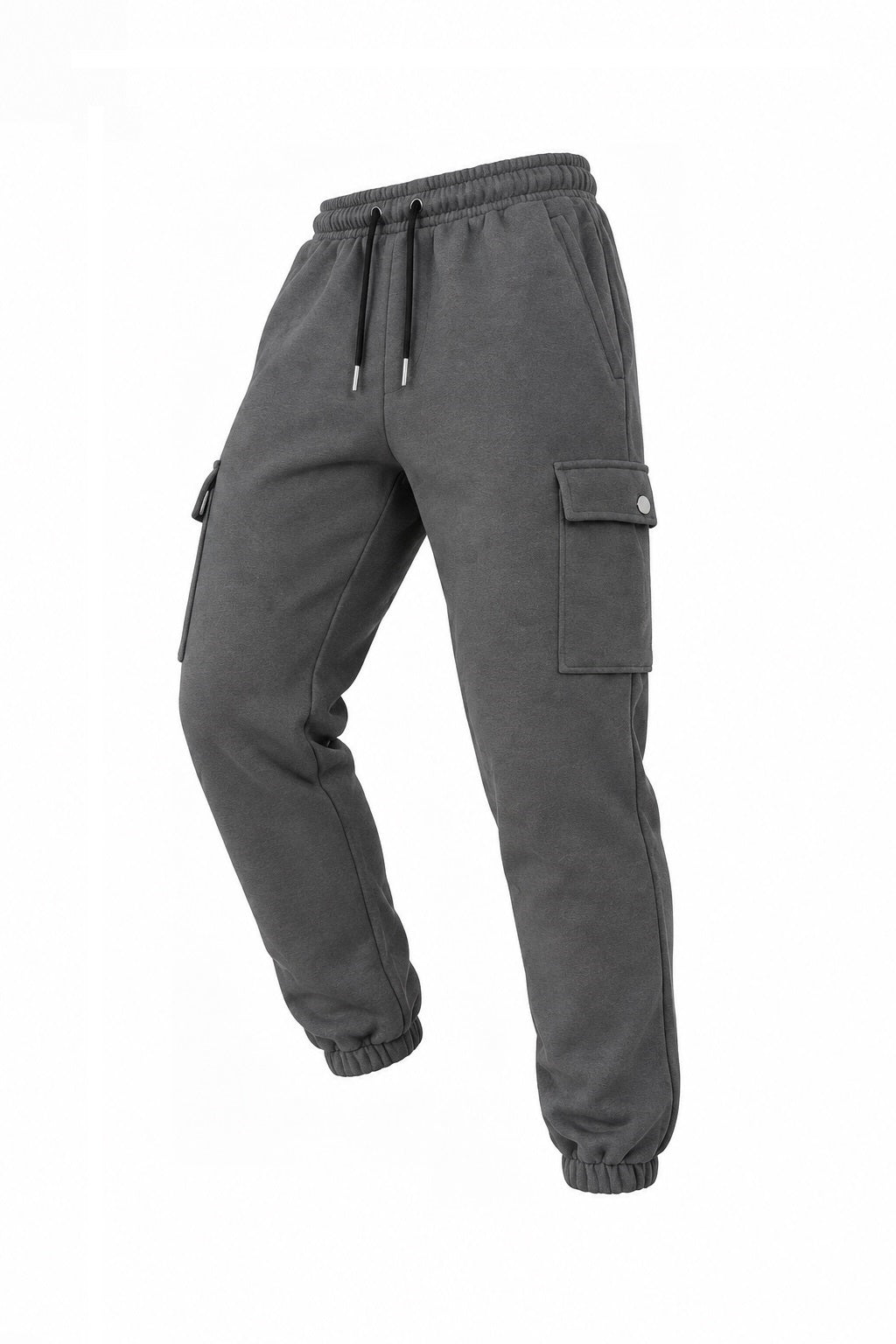 Men's charcoal grey fleece cargo joggers side view showing cargo pocket and drawstring