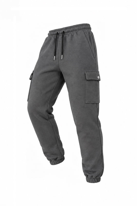 Men's charcoal grey fleece cargo joggers side view showing cargo pocket and drawstring