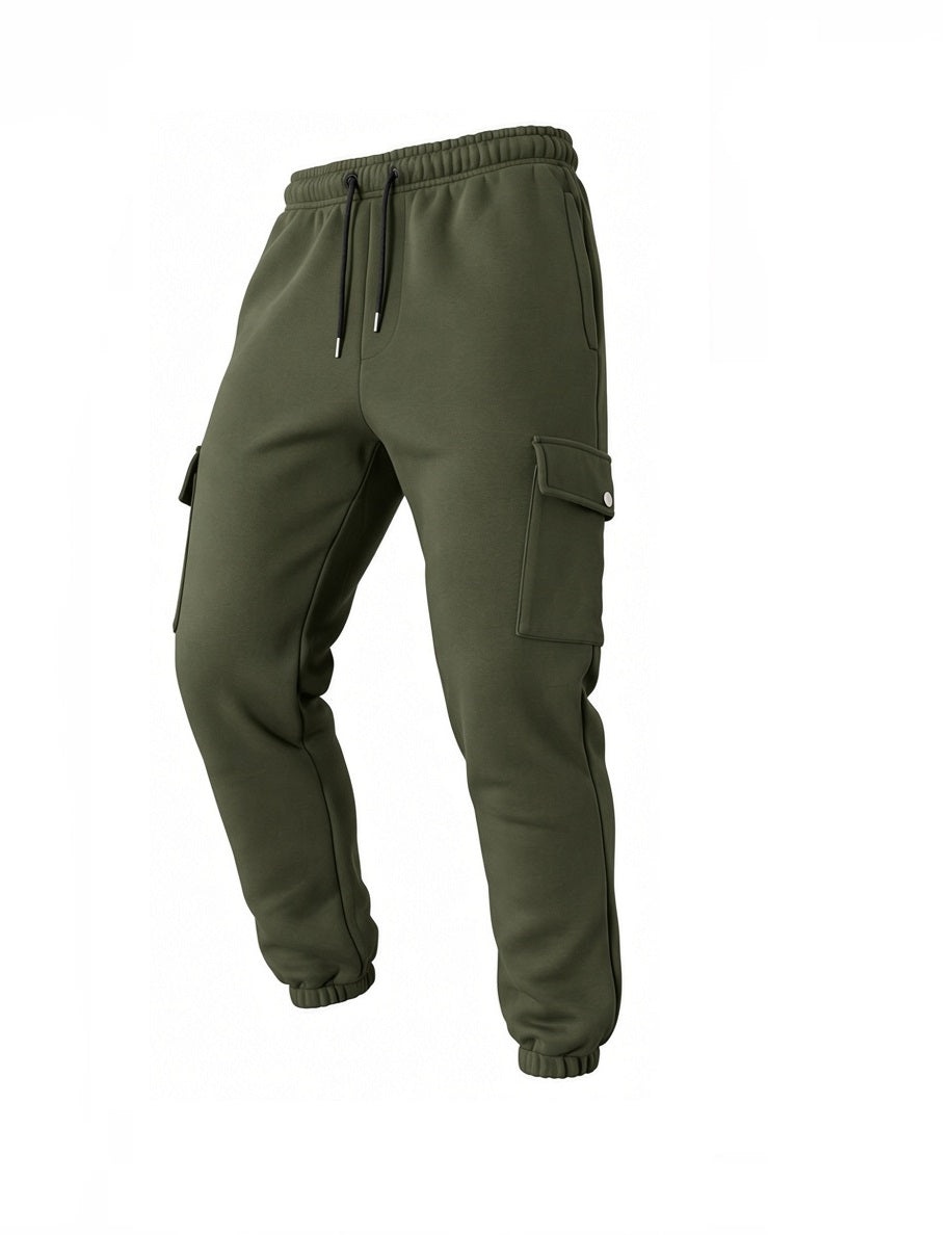 Close-up of olive fleece cargo joggers side pocket with silver-tone button