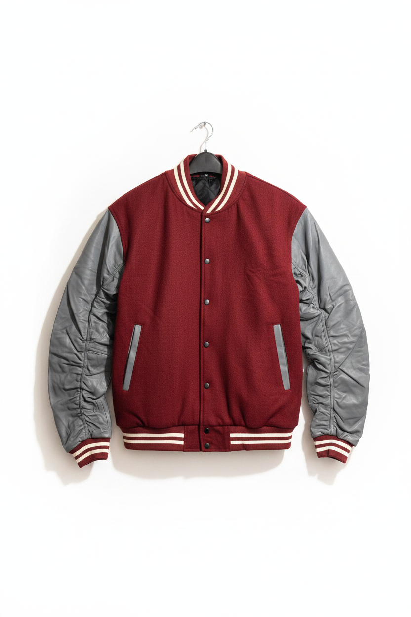 A classic varsity-style jacket with a burgundy body and gray sleeves, featuring cream and burgundy striped ribbed collar, cuffs, and hem, hanging on a black hanger against a white background.