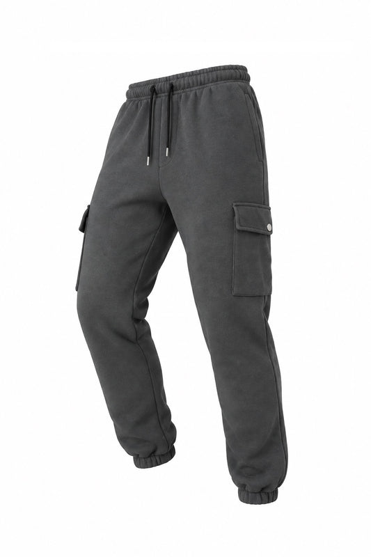 Men's dark grey fleece cargo joggers back view
