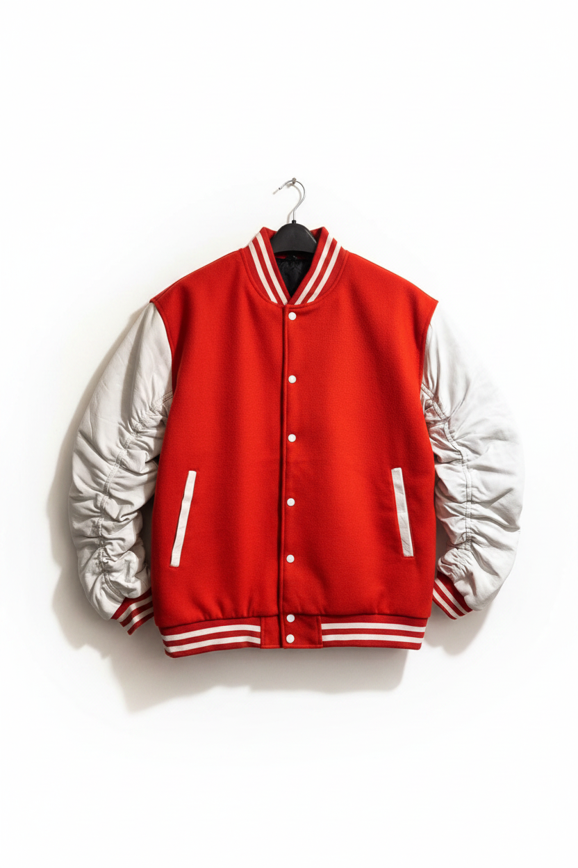 Men's Red Varsity Bomber Jacket White Leather Sleeves — front view