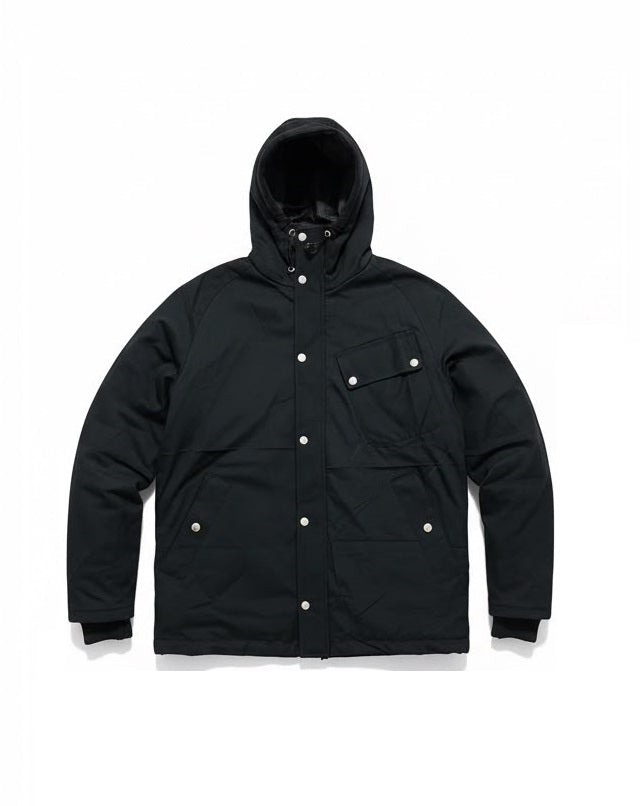 Men's black cotton twill hooded jacket, front view