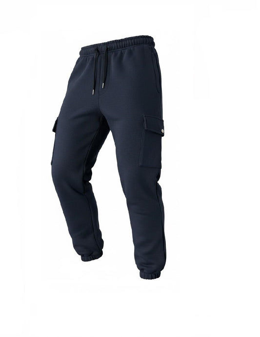 A pair of dark navy blue cargo jogger pants with an elastic waistband, drawstring, and side cargo pockets, shown against a plain white background.