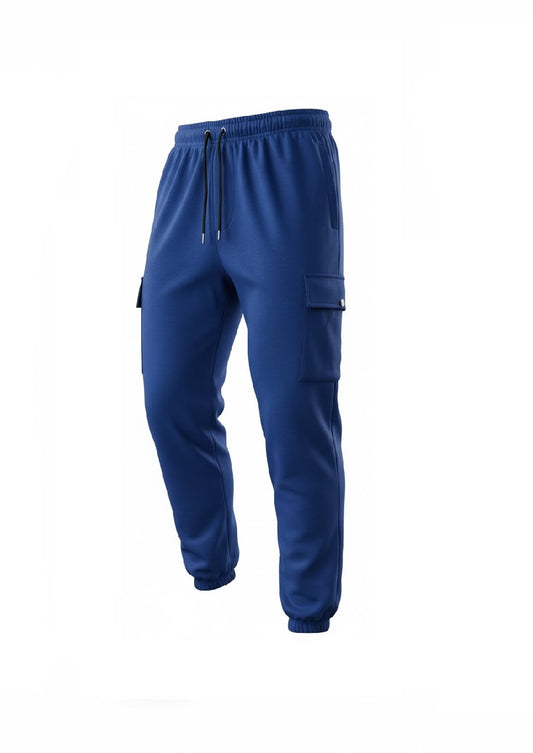 Blue cargo jogger pants with a drawstring waist and side cargo pockets, shown on a plain white background.