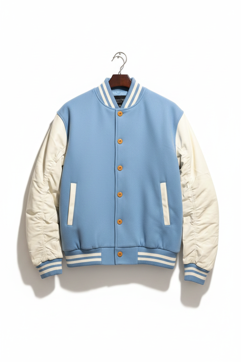 A light blue and cream varsity jacket hanging on a wooden hanger against a white background.