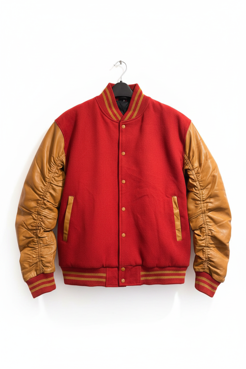 A red and tan varsity-style jacket hanging on a black hanger against a white background.