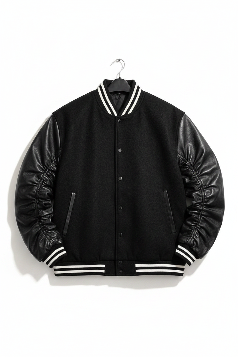 A black varsity-style jacket with black leather-look sleeves, featuring white and black striped ribbed trim on the collar, cuffs, and hem, hanging on a black hanger against a white background.