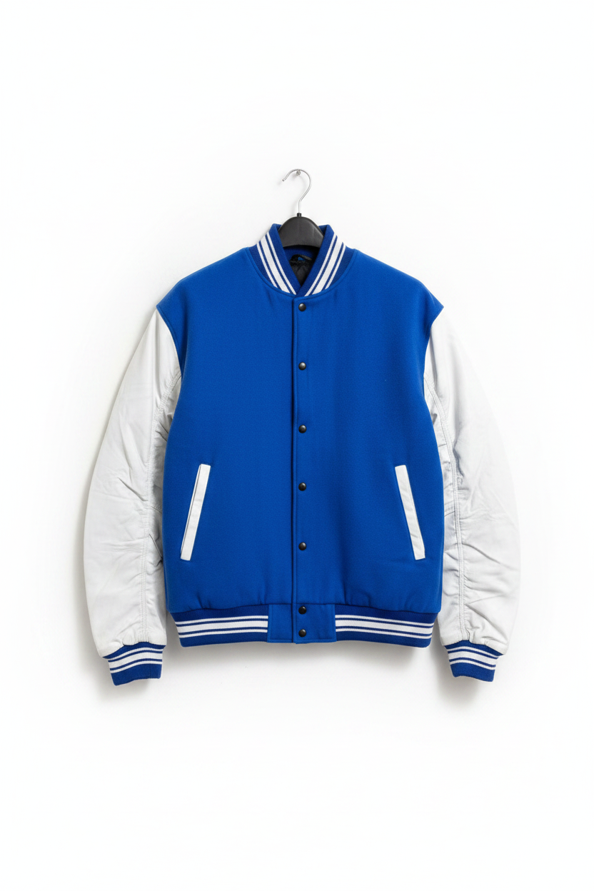 A classic varsity jacket with a royal blue body and white sleeves, hanging on a black hanger against a plain white background.