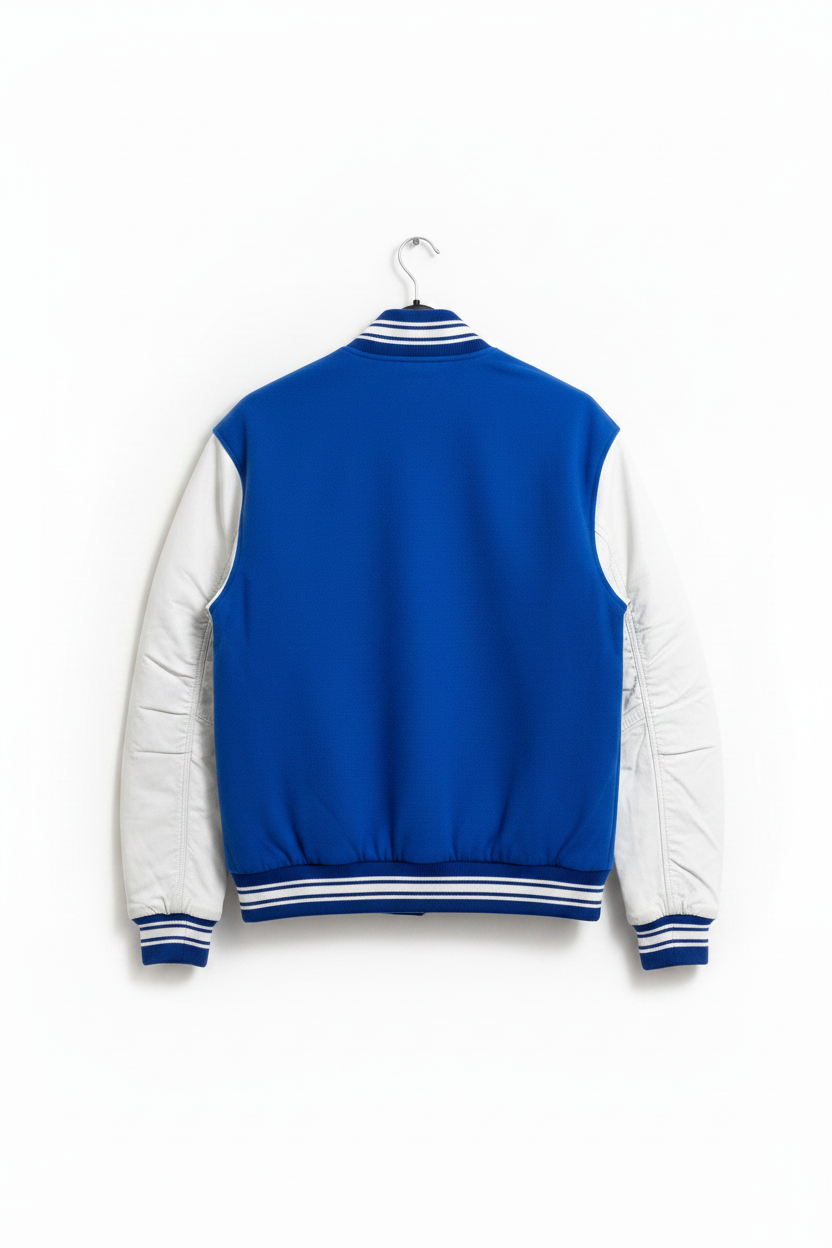 A blue and white varsity-style jacket shown from the back, hanging on a white hanger against a plain white background.