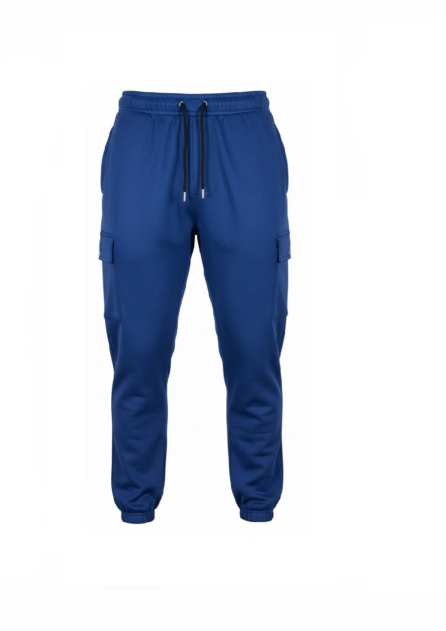Blue fleece cargo joggers with drawstring waist and side pockets