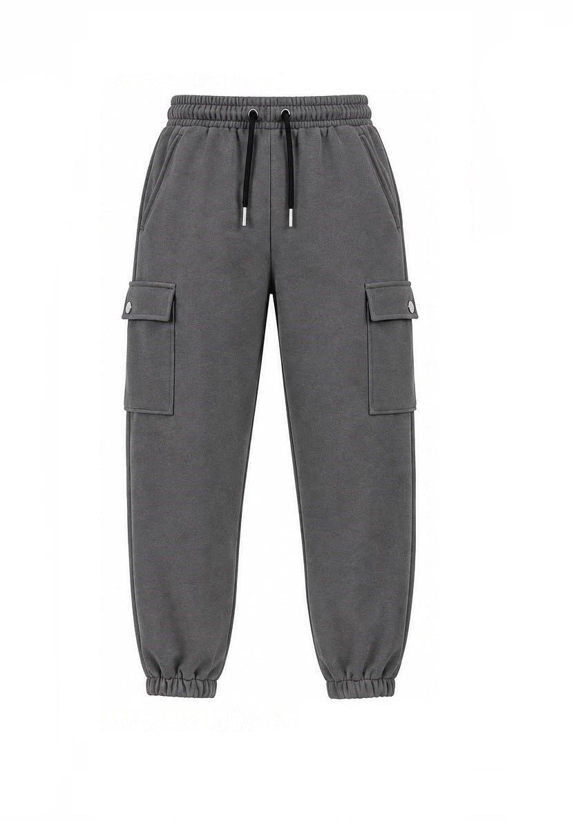 Men's charcoal grey fleece cargo joggers back view