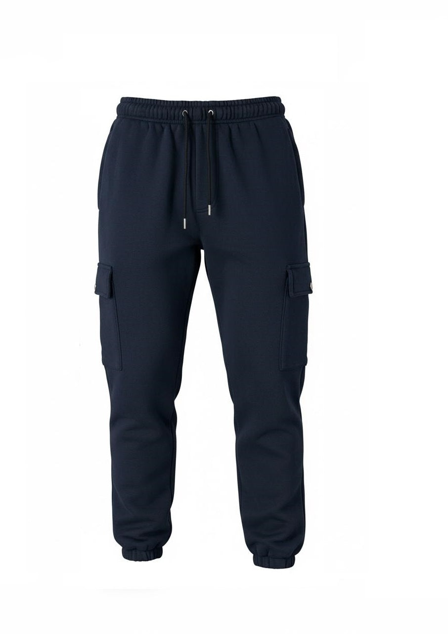 Man wearing navy blue fleece cargo joggers with cuffed ankles