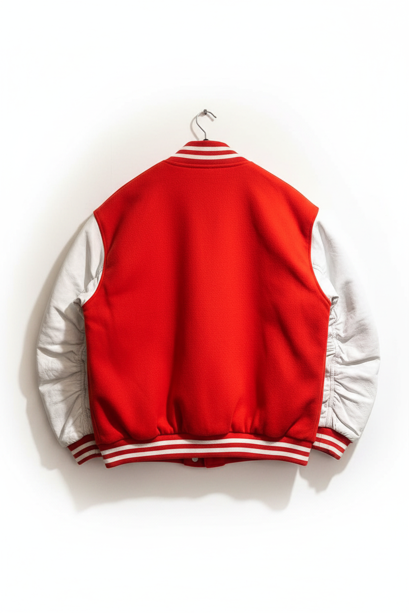 Men's Red Varsity Bomber Jacket White Leather Sleeves — back view