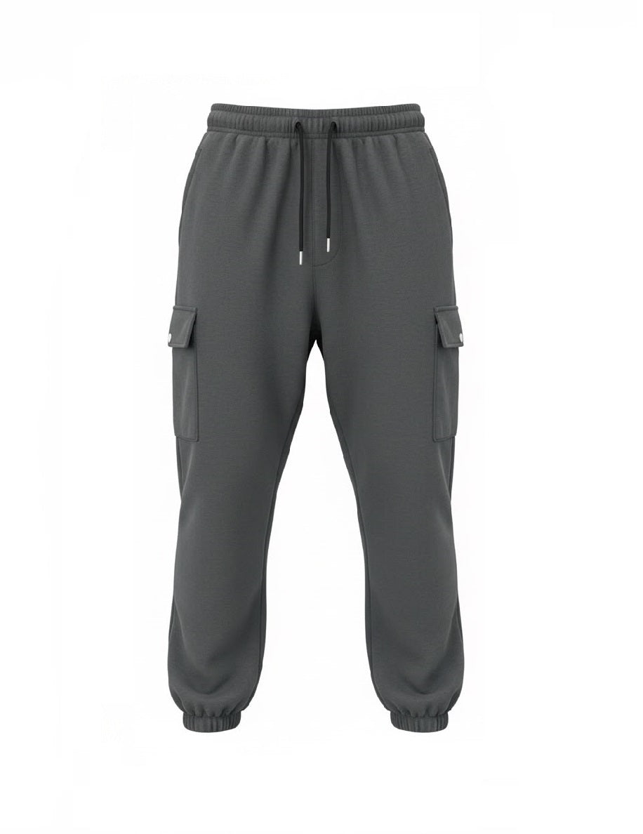 Men's dark grey fleece cargo joggers angled view with snap-button cargo pocket