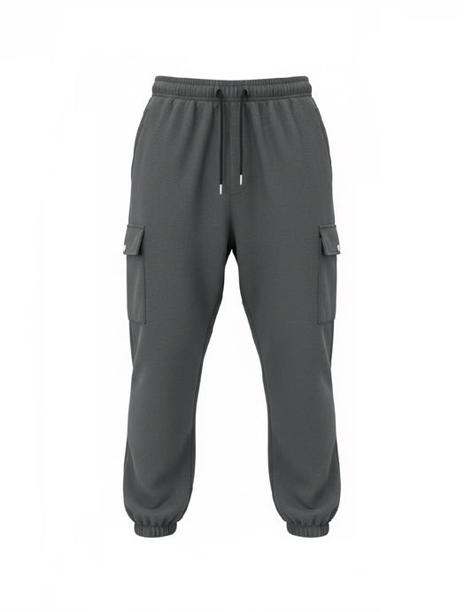 Men's dark grey fleece cargo joggers angled view with snap-button cargo pocket
