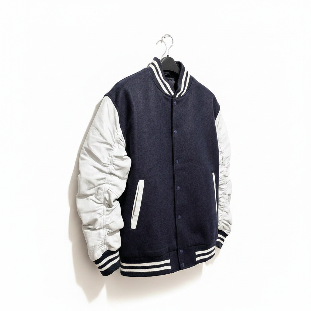 A varsity-style jacket hanging on a black hanger against a plain white wall. The jacket has a dark navy blue body with light gray sleeves and striped ribbed collar, cuffs, and hem.