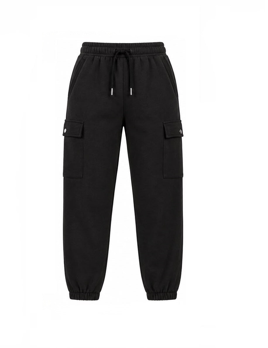 Black cargo jogger pants with an elastic drawstring waist, side cargo pockets, and elastic cuffs, shown against a plain white background.