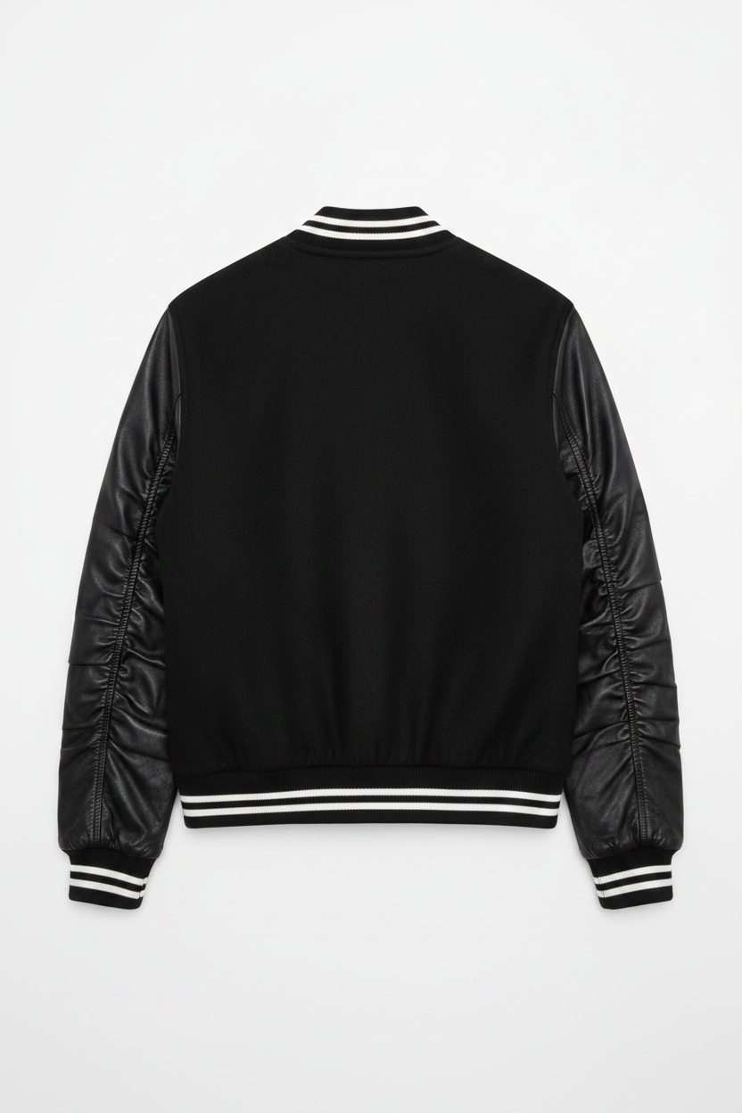 Black varsity-style jacket shown from the back, featuring black satin sleeves and black ribbed trim with white stripes on the collar, cuffs, and hem.