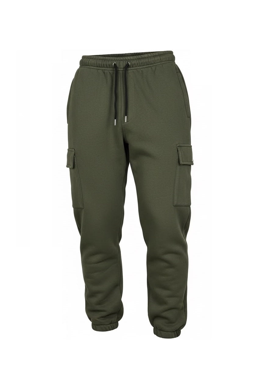 Side view of olive fleece cargo joggers with drawstring waist and cargo pocket
