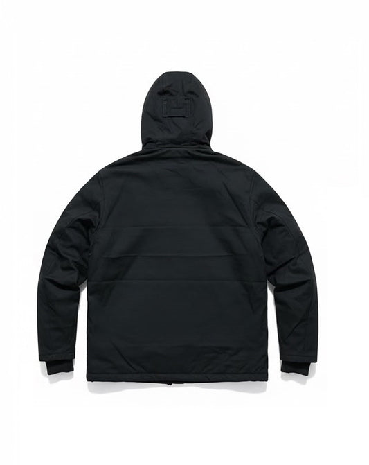 Men's black cotton twill hooded jacket, back view