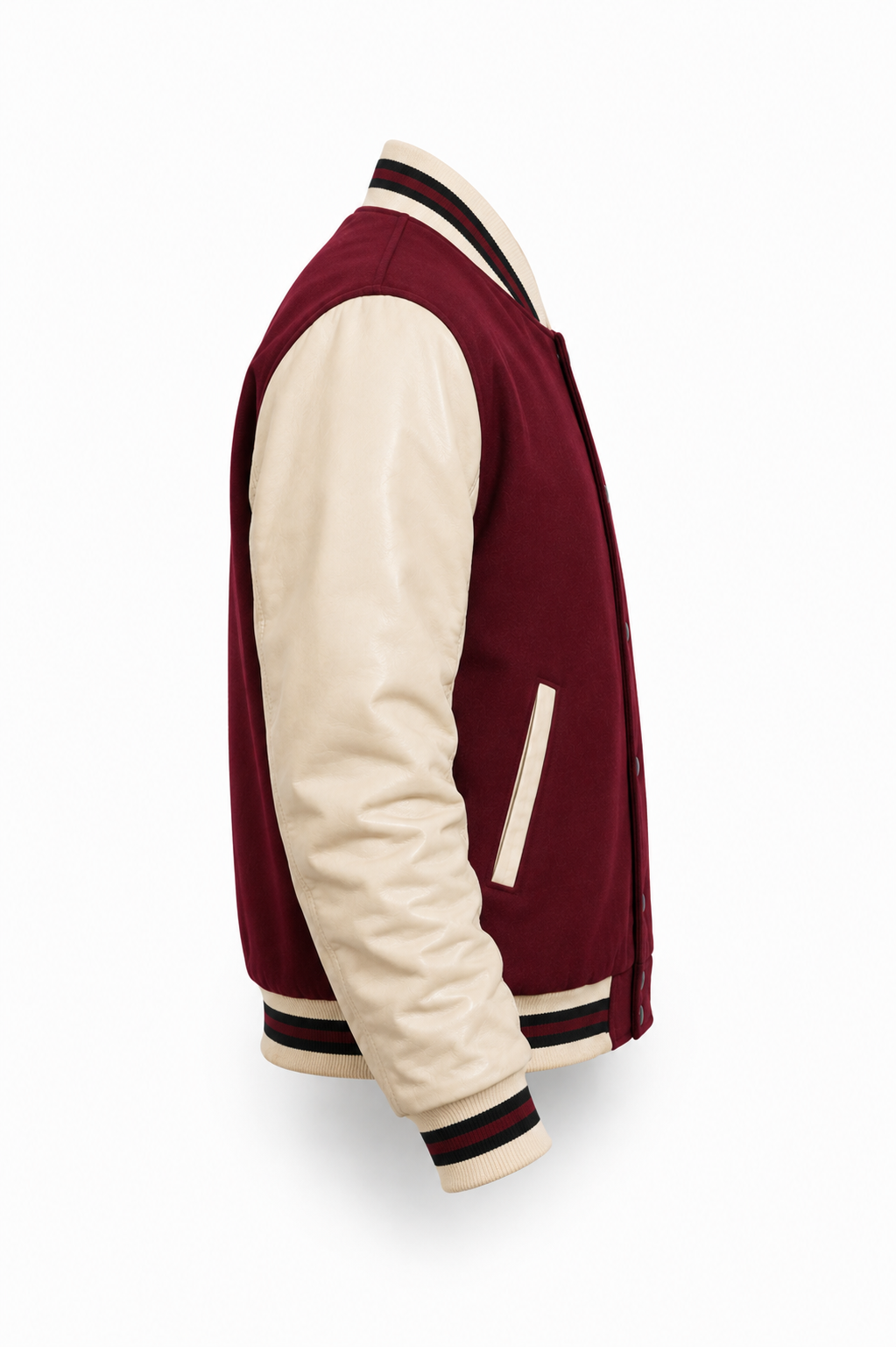 A side profile view of a varsity jacket with a burgundy body and cream-colored leather sleeves, collar, and zipper trim, set against a plain white background.