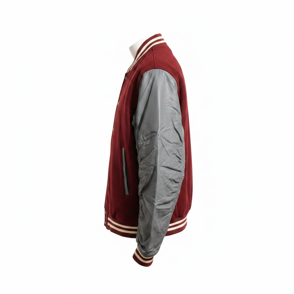 A side view of a varsity jacket on a mannequin, featuring a maroon red body with gray sleeves and cream and red striped ribbed collar, cuffs, and hem.