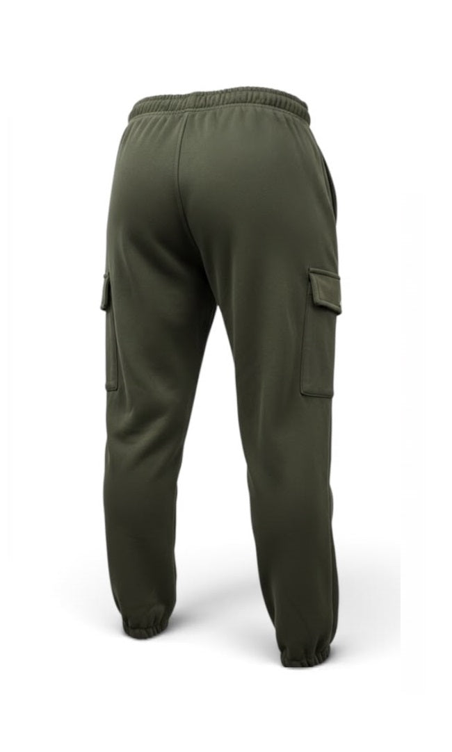 Three-quarter front view of olive fleece cargo joggers with cuffed ankles