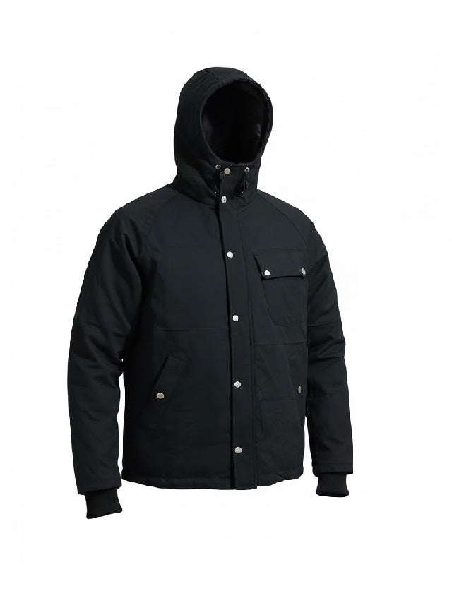 Men's black cotton twill hooded jacket, side view