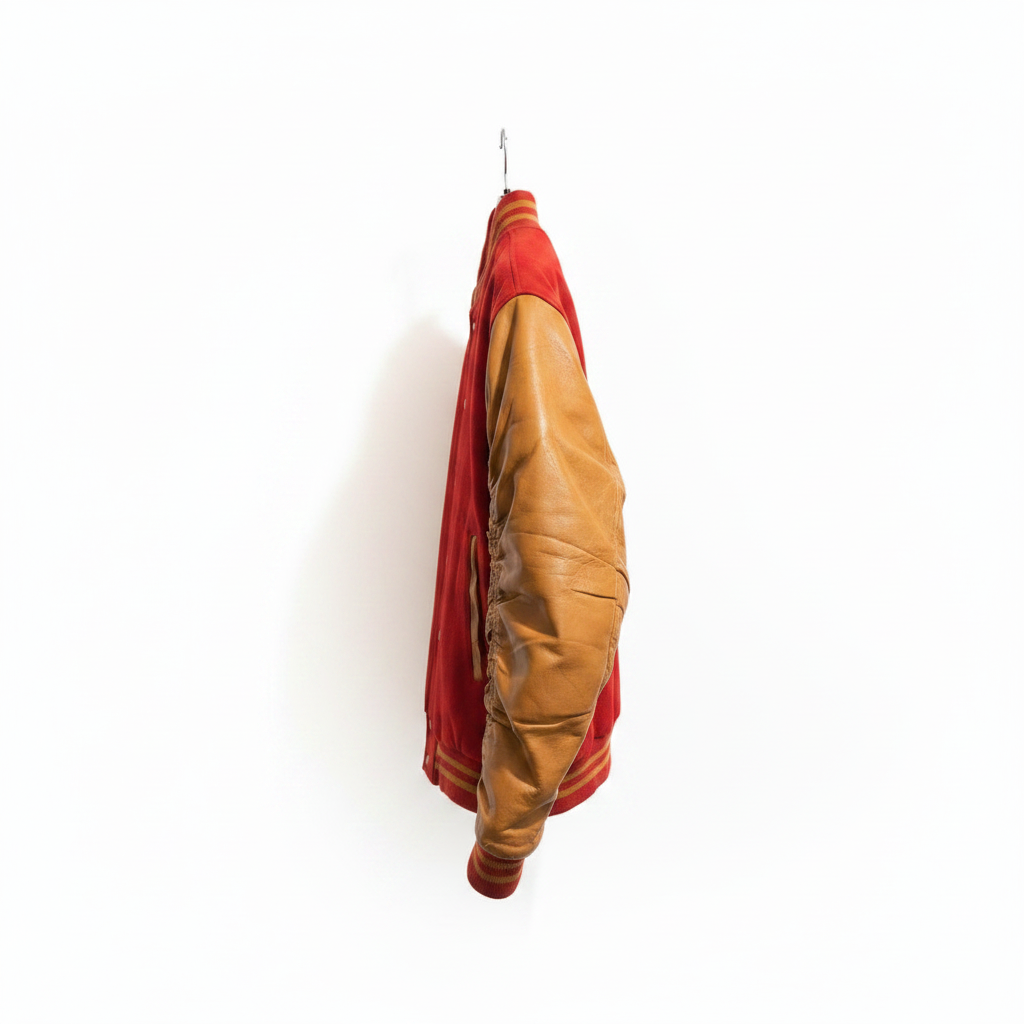 A vintage varsity-style jacket with a red knit body and tan leather sleeves, hanging from a metal hook against a plain white wall.